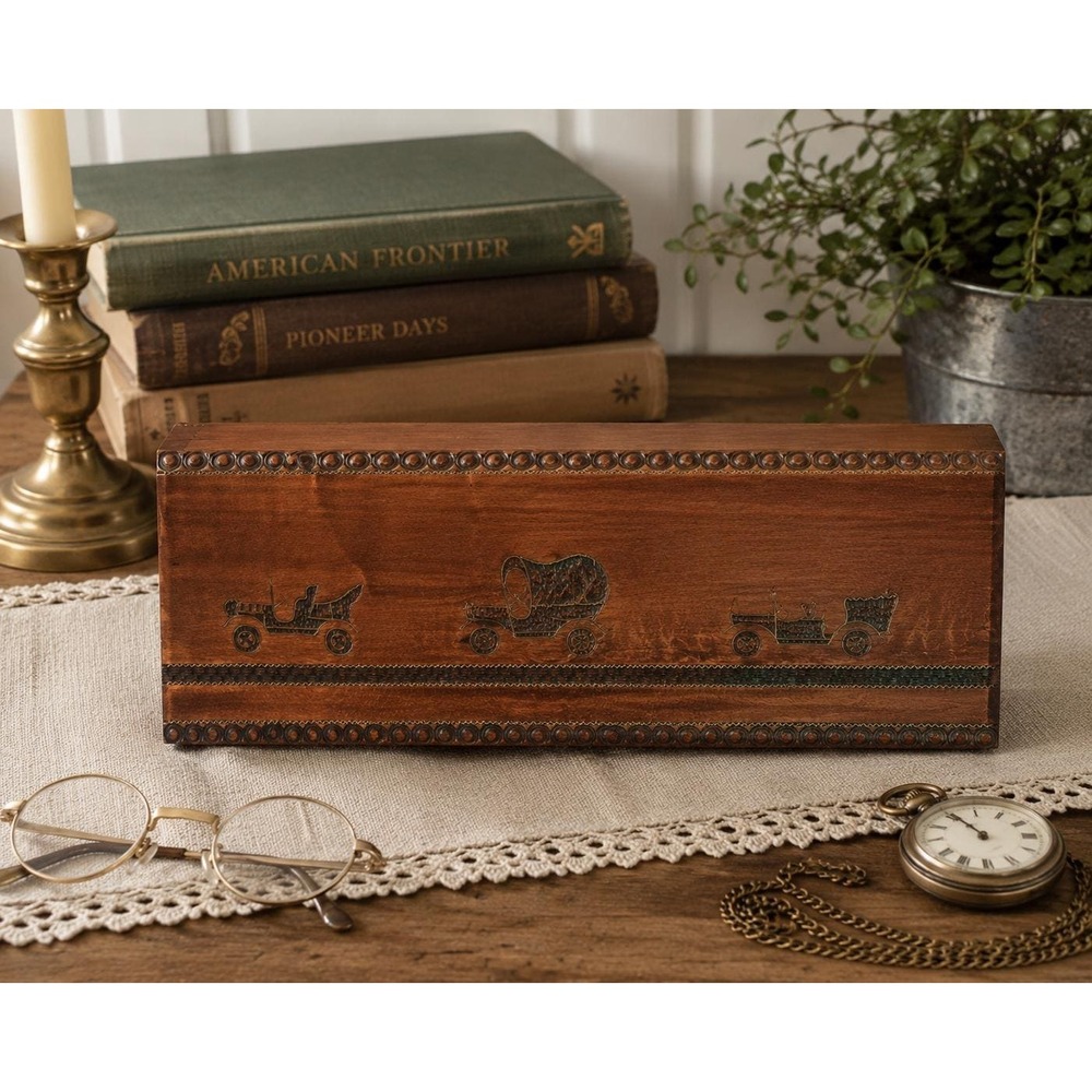 Vintage Hand Carved Wooden Box Pioneer Covered Wagon Scene, Rustic Decor Storage